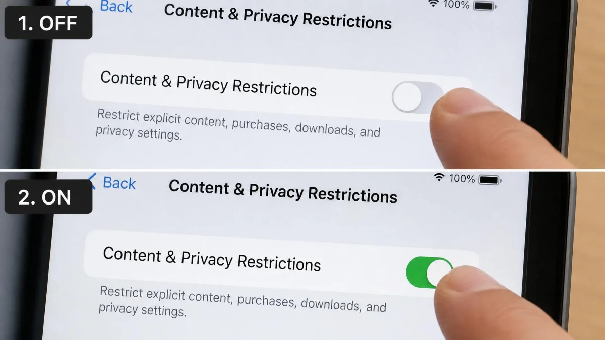 Close-up of the Content and Privacy Restrictions toggle on an iPad being switched off and on again as a reset for a stalled website block.