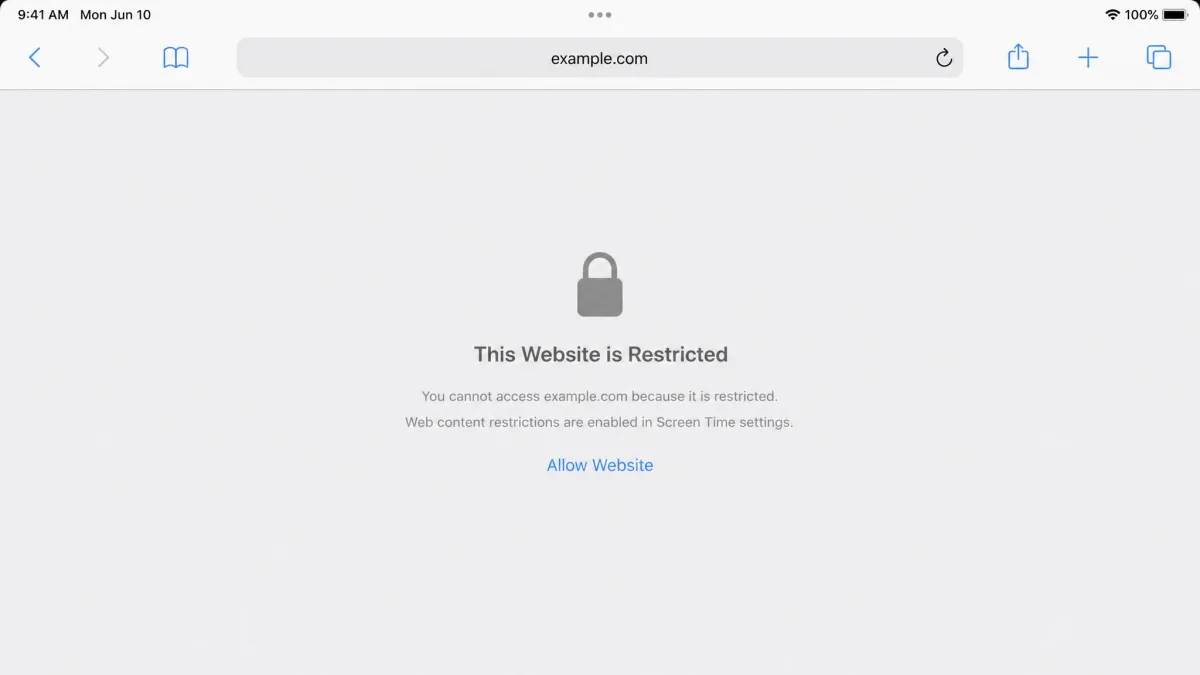 Safari on an iPad showing the grey restricted-website message with an Allow Website link, after a site was added to the Never Allow list.