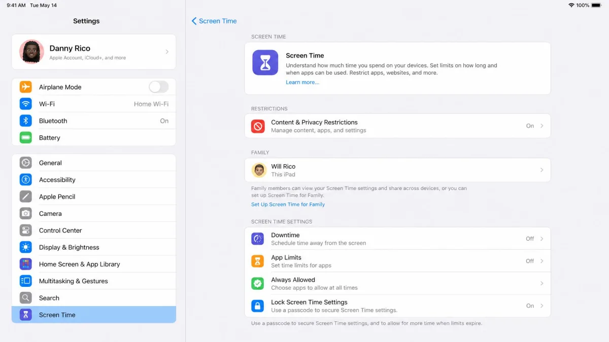 The Screen Time panel in iPad Settings with Content and Privacy Restrictions and Lock Screen Time Settings visible in the right-hand column.