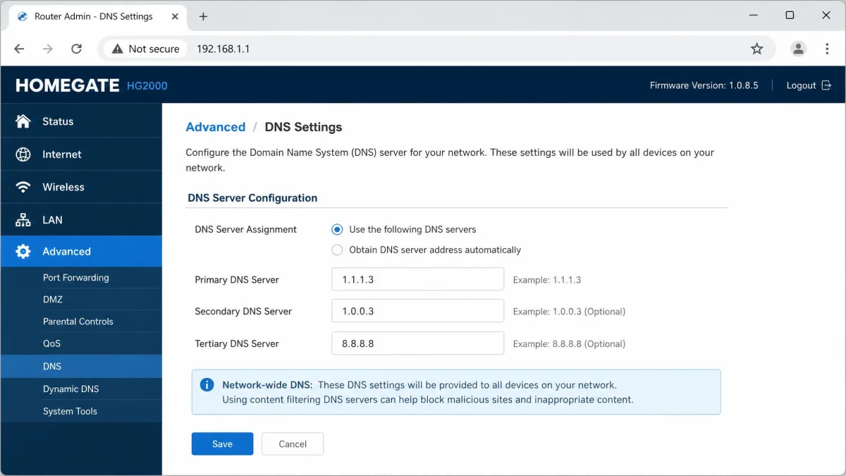 A home router admin page open in a browser at 192.168.1.1 with the DNS server fields filled in for network-wide content filtering.