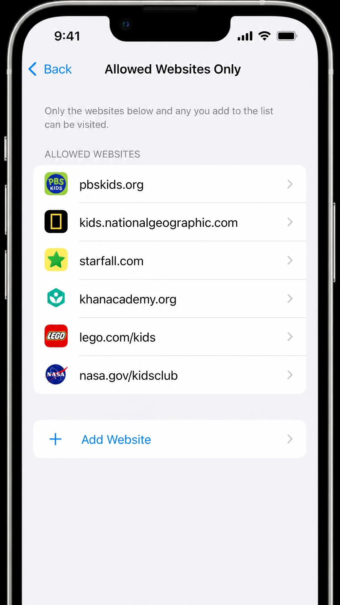 The Allowed Websites Only screen on an iPhone listing approved child-friendly sites with an Add Website row beneath them.