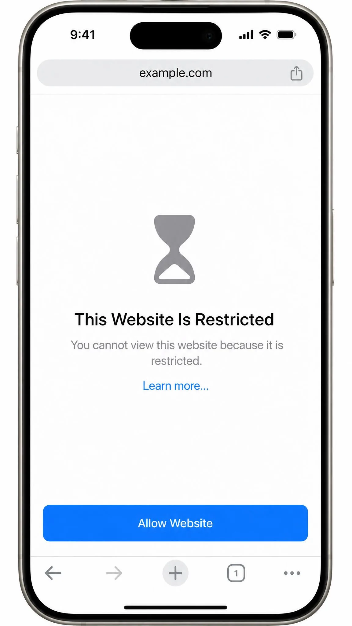 Safari on an iPhone showing the restricted page message for a blocked website, with the Allow Website button visible at the bottom.