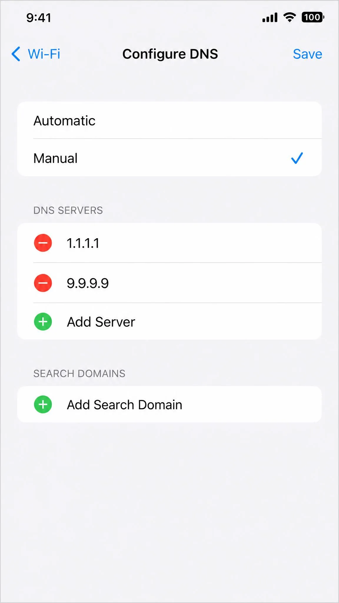 The Configure DNS screen on an iPhone set to Manual with two custom DNS server addresses entered.