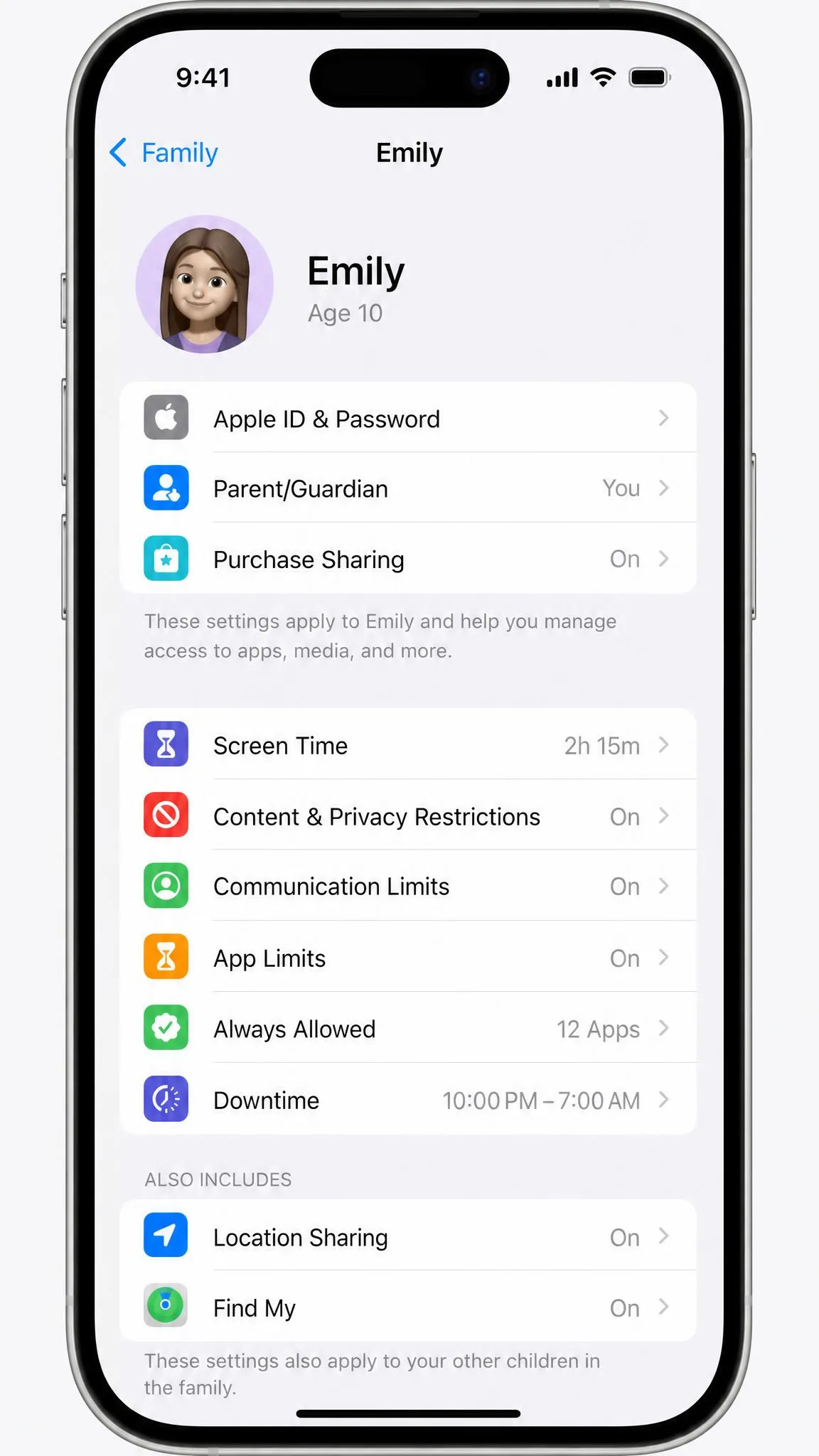 The Family settings screen on a parent iPhone showing a child account with the Screen Time row open.
