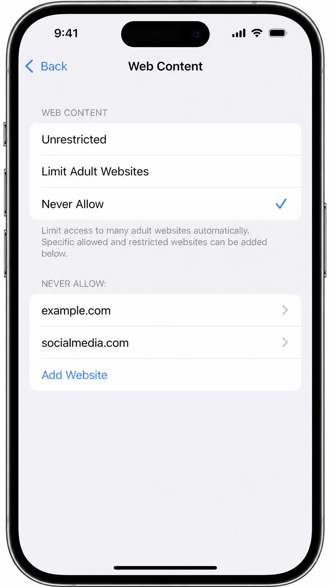 The Web Content screen on an iPhone showing the Never Allow list with two typed entries and the Add Website row underneath.
