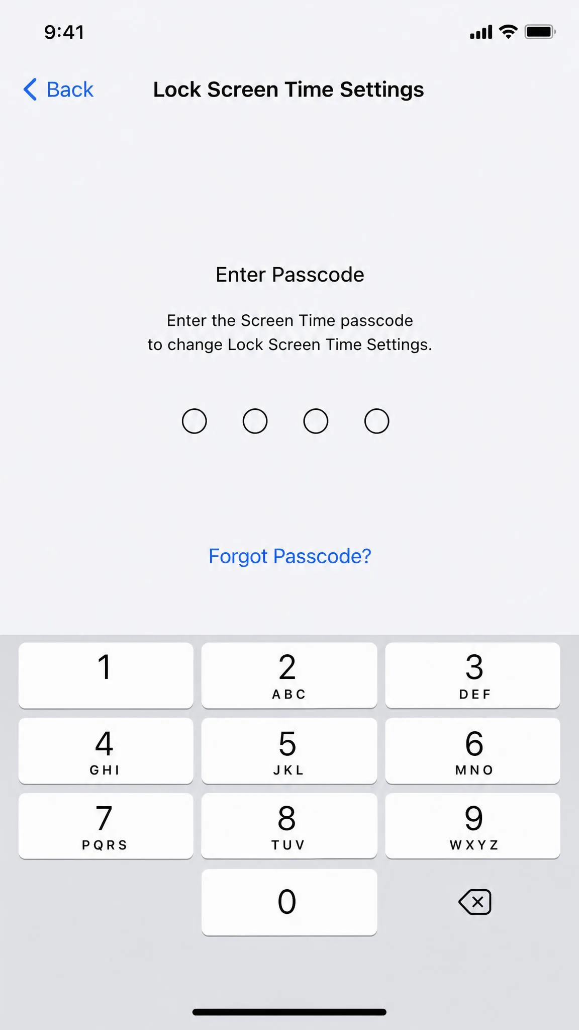 The Lock Screen Time Settings screen on an iPhone with the four-digit passcode entry keypad shown.