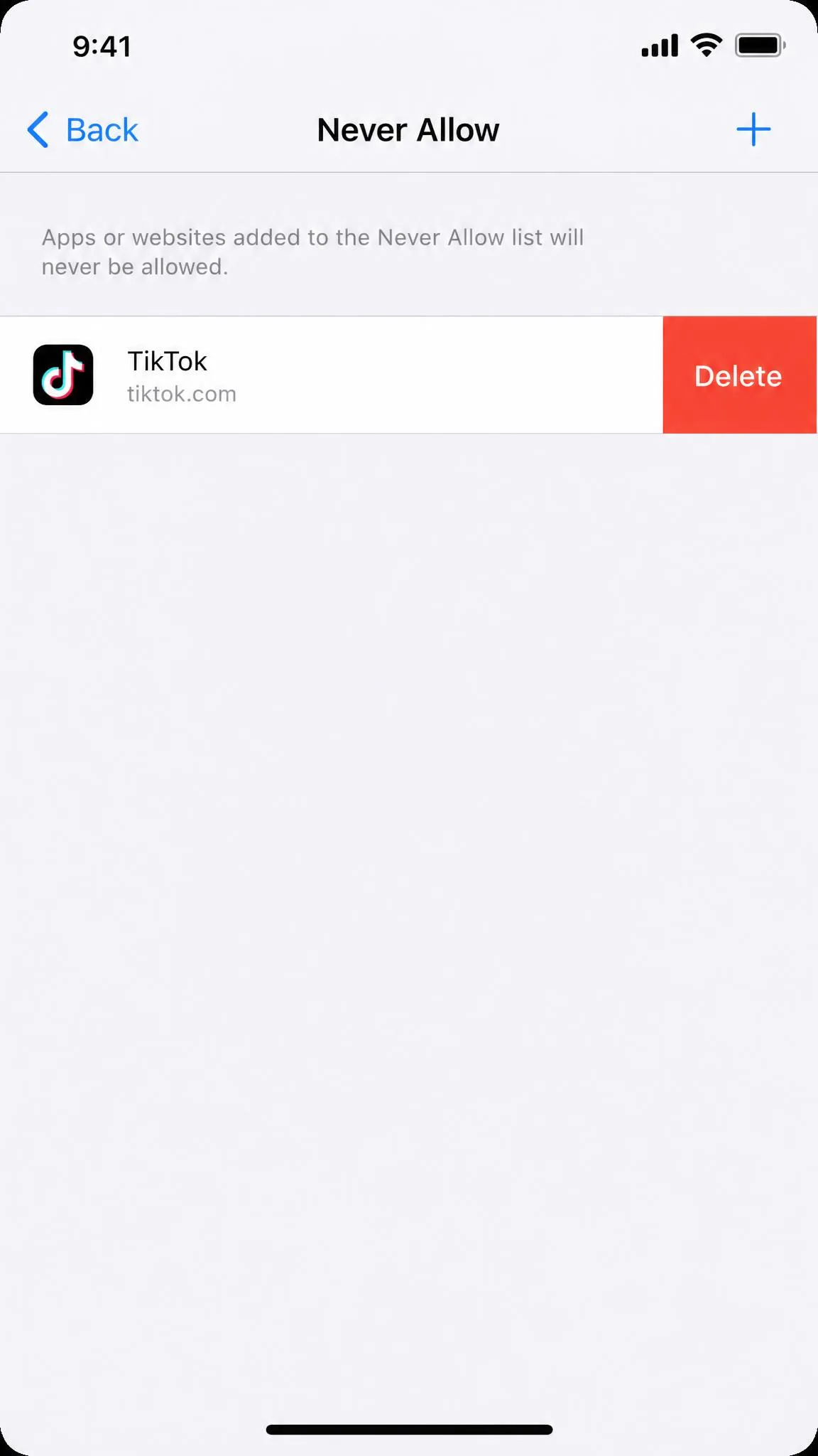 A Never Allow list entry on an iPhone swiped left to reveal the red Delete button.