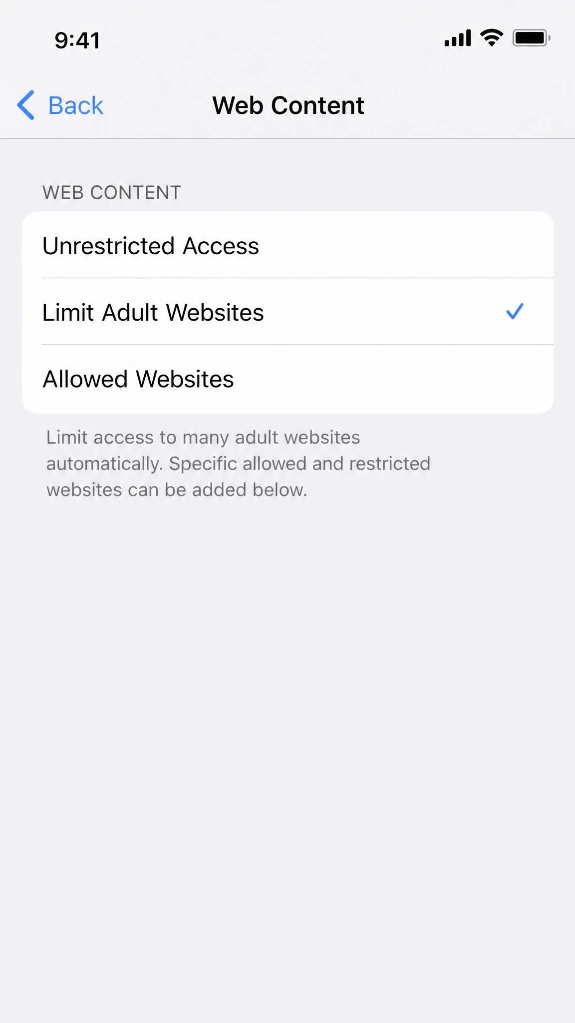 The Web Content settings screen on an iPhone with Limit Adult Websites selected and a checkmark beside it.