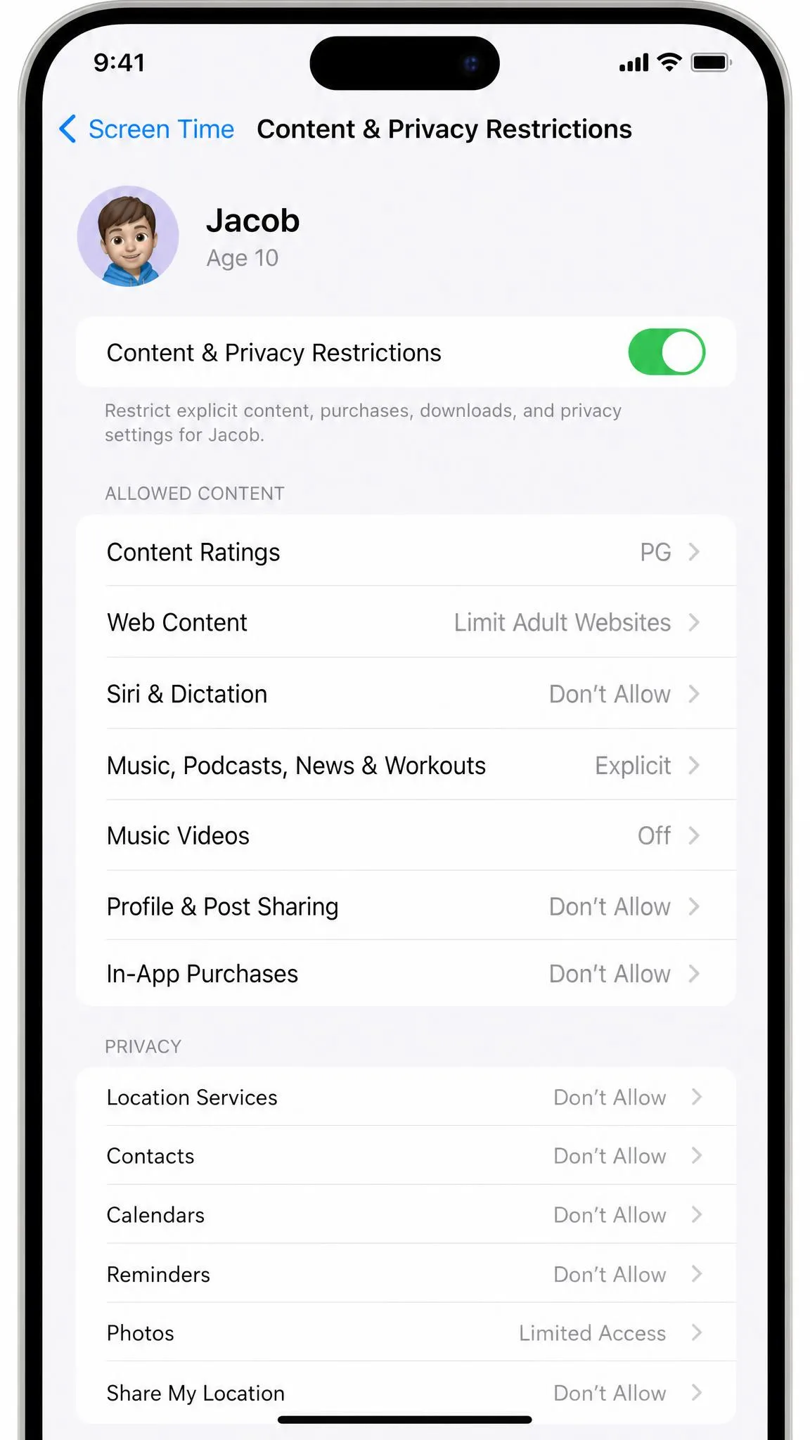 Screen Time settings for a child account viewed from a parent iPhone under Family Sharing, listing Content and Privacy Restrictions for that child.