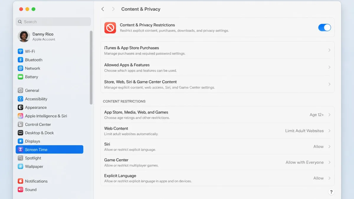 macOS System Settings with Screen Time selected in the sidebar and the Content and Privacy panel open, showing the App Store Media Web and Games row.