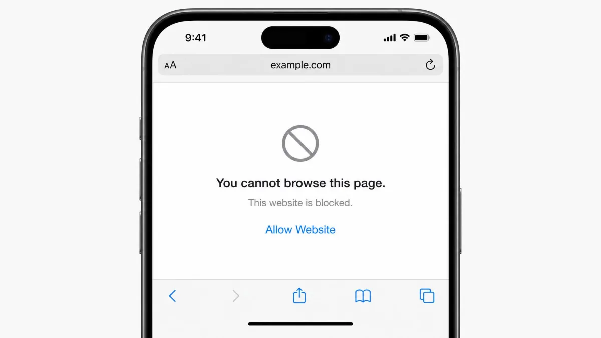 Safari on iPhone showing the blocked page message that reads You cannot browse this page, with an option to allow the website.