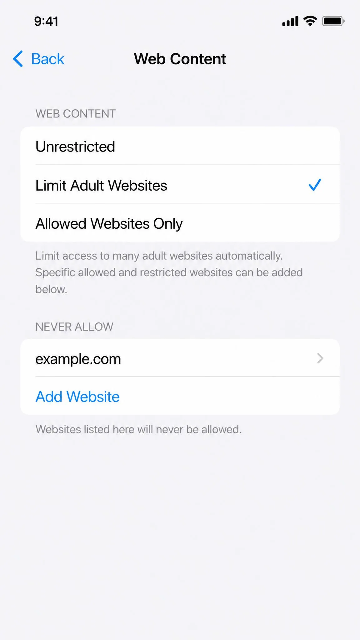 iPhone Settings showing the Web Content screen with Limit Adult Websites selected and an example domain listed under the Never Allow heading.