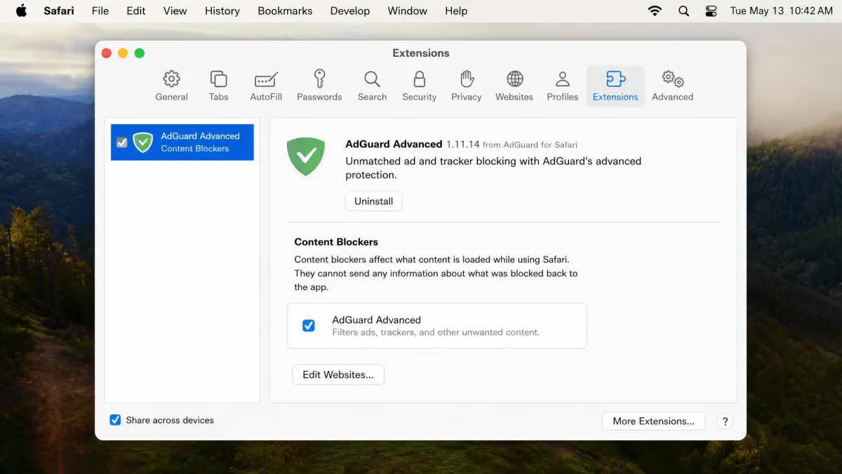 Safari Settings on Mac with the Extensions tab open and a content blocker extension enabled, showing the Edit Websites permission button.