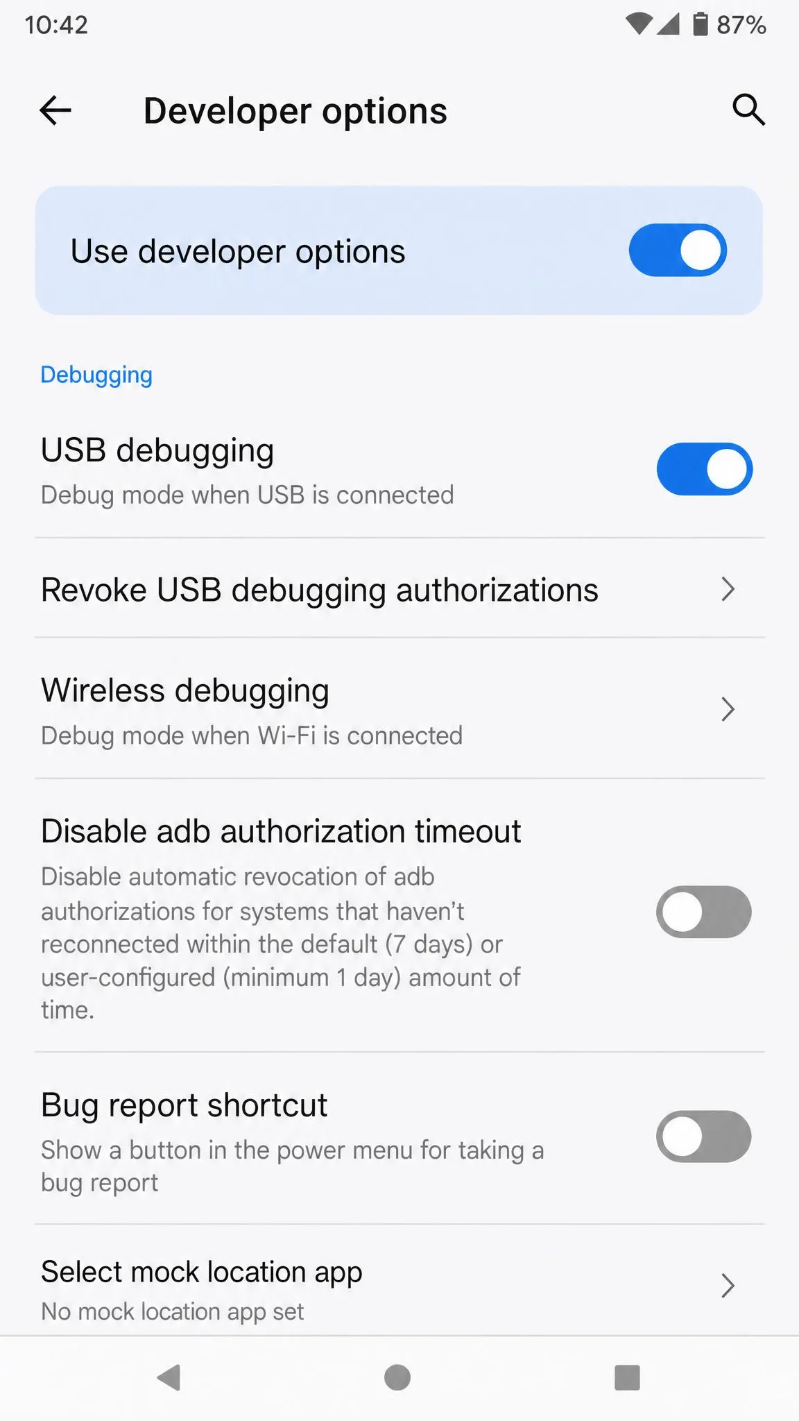 The Android Developer options screen with the USB debugging toggle switched on.