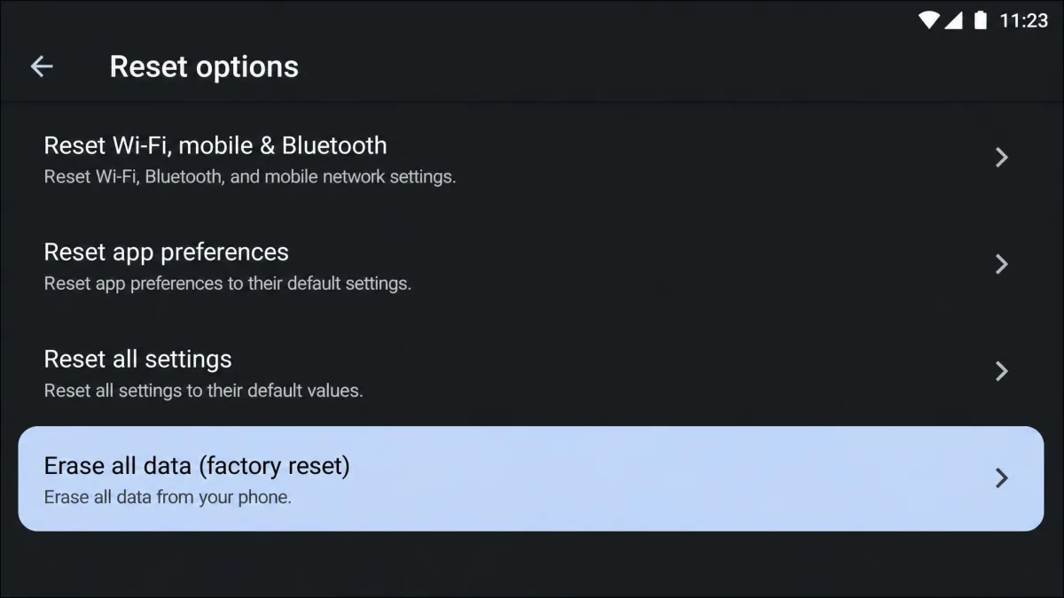 The Android Settings Reset options screen with Erase all data (factory reset) highlighted.