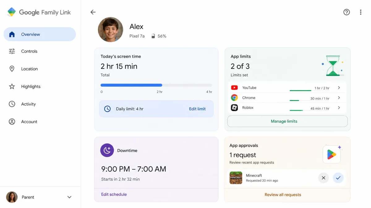 The Google Family Link parent app dashboard showing a child profile with screen-time limits and app approvals.