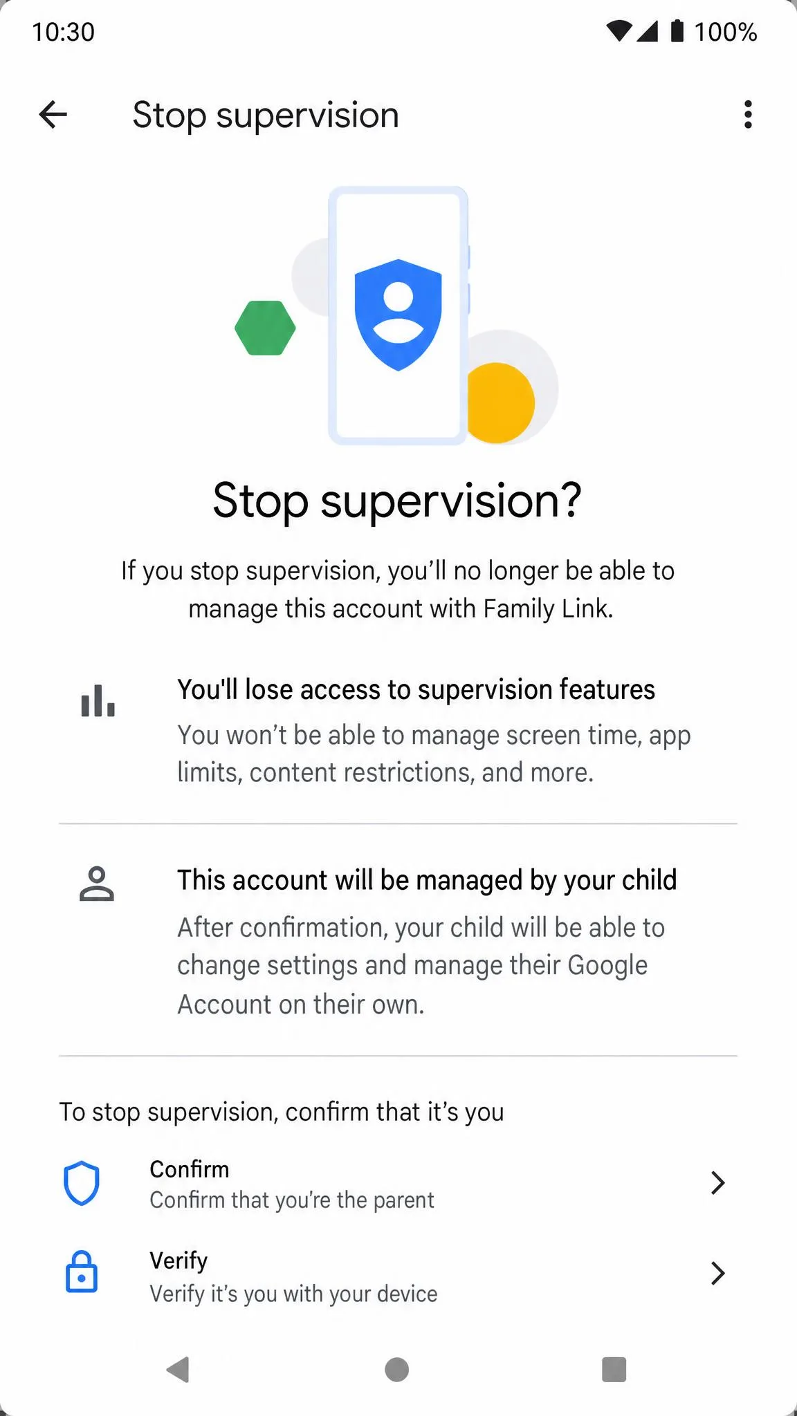 The Stop supervision screen in Family Link on Android, showing the confirm and verify options.