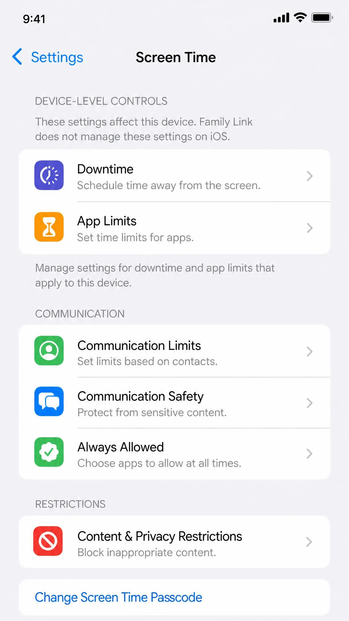 The iPhone Settings Screen Time screen showing Downtime and App Limits, the device-level controls Family Link does not manage on iOS.