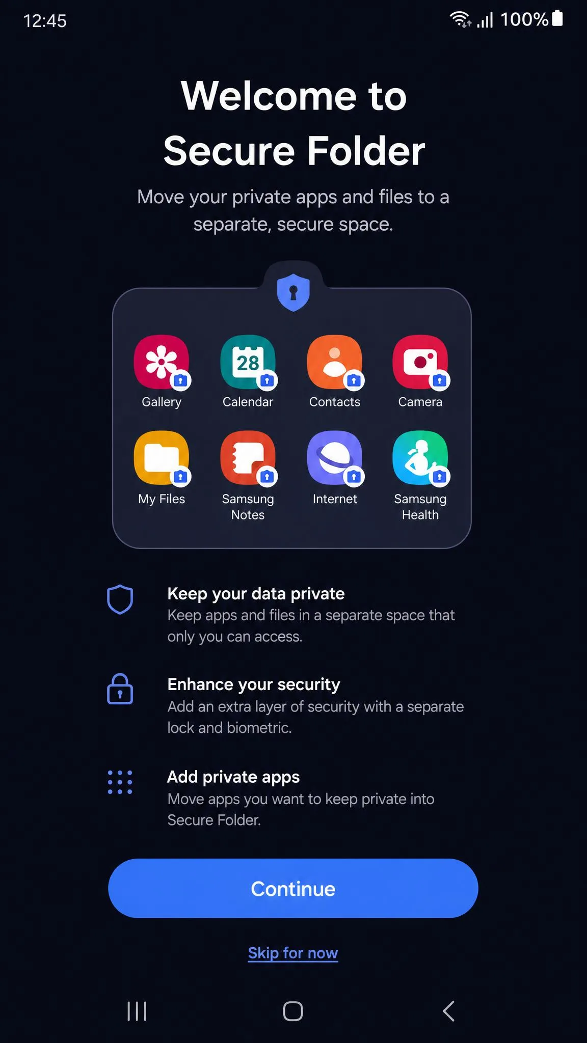 The Samsung Secure Folder setup screen showing the private space apps can be moved into.