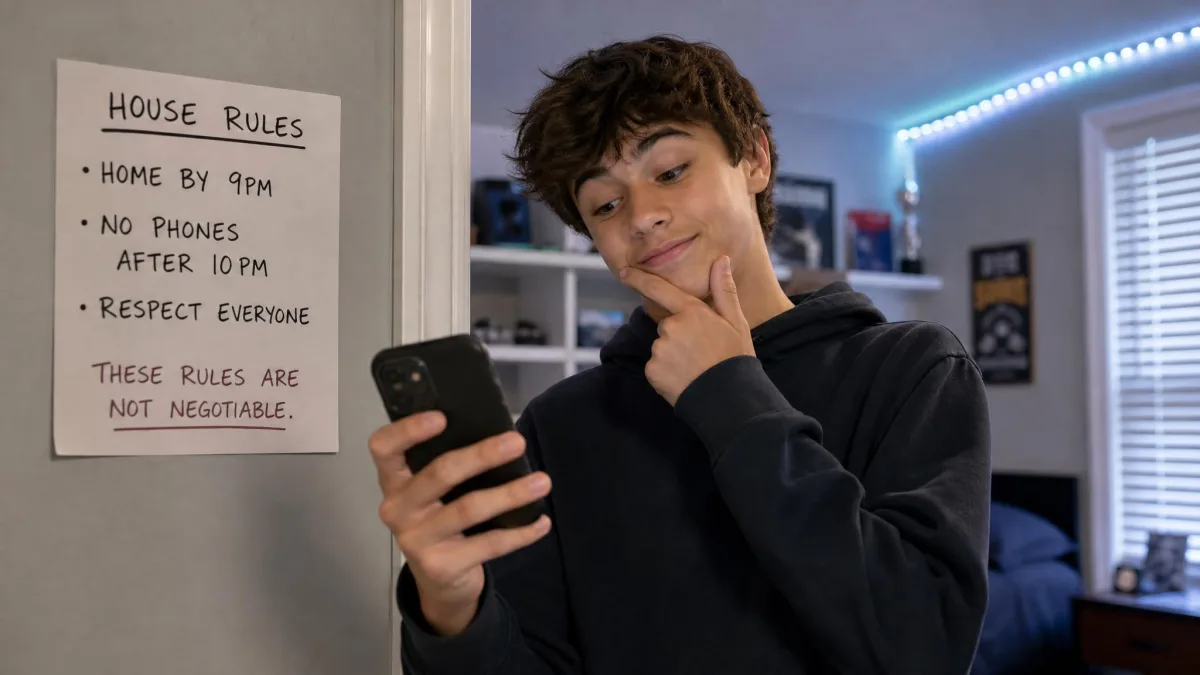 Teenager holding a smartphone and checking the screen, illustrating how kids test the limits their parents set.
