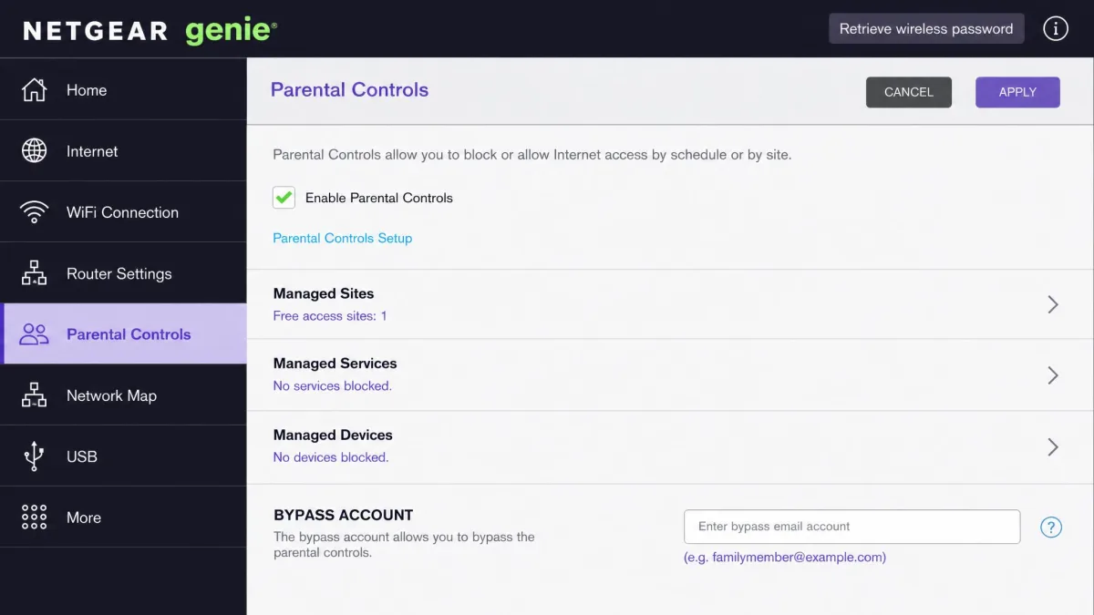 The Netgear Genie app's Parental Controls area with the BYPASS ACCOUNT field visible.