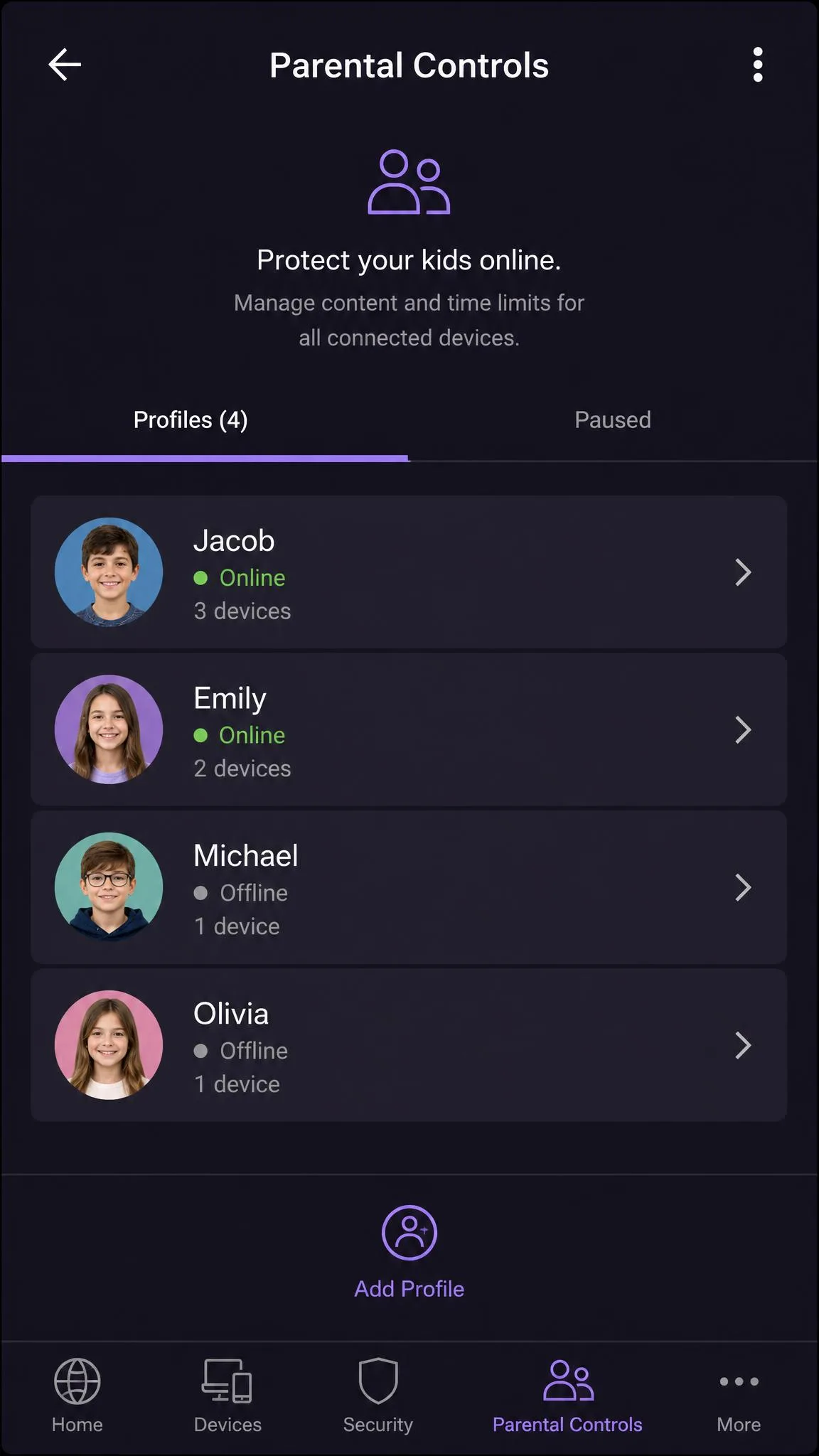 The Parental Controls tile in the Netgear Nighthawk app showing a profile list.