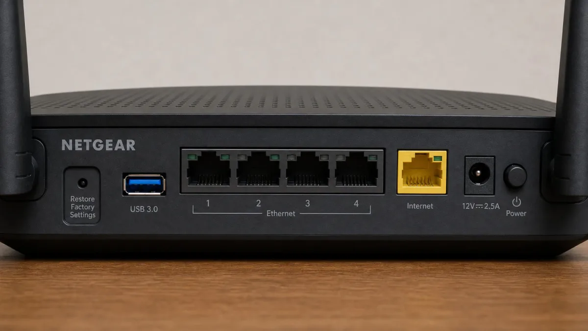 The back panel of a Netgear router with the recessed Restore Factory Settings button.