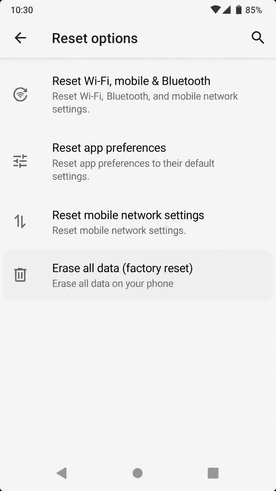 Android Settings screen showing Reset options with Erase all data (factory reset).
