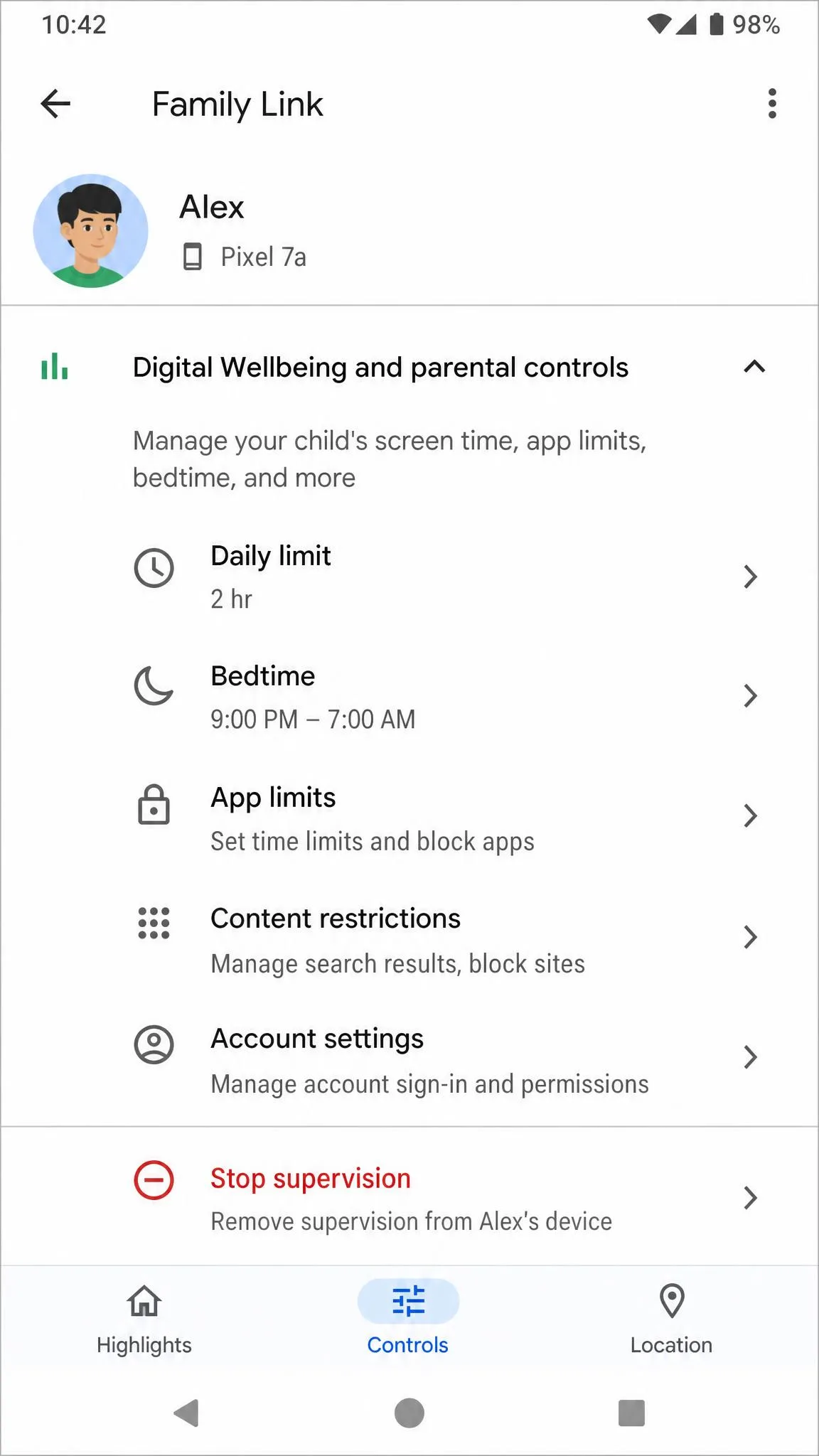 Google Family Link app screen on Android showing the Stop supervision option under Digital Wellbeing and parental controls.
