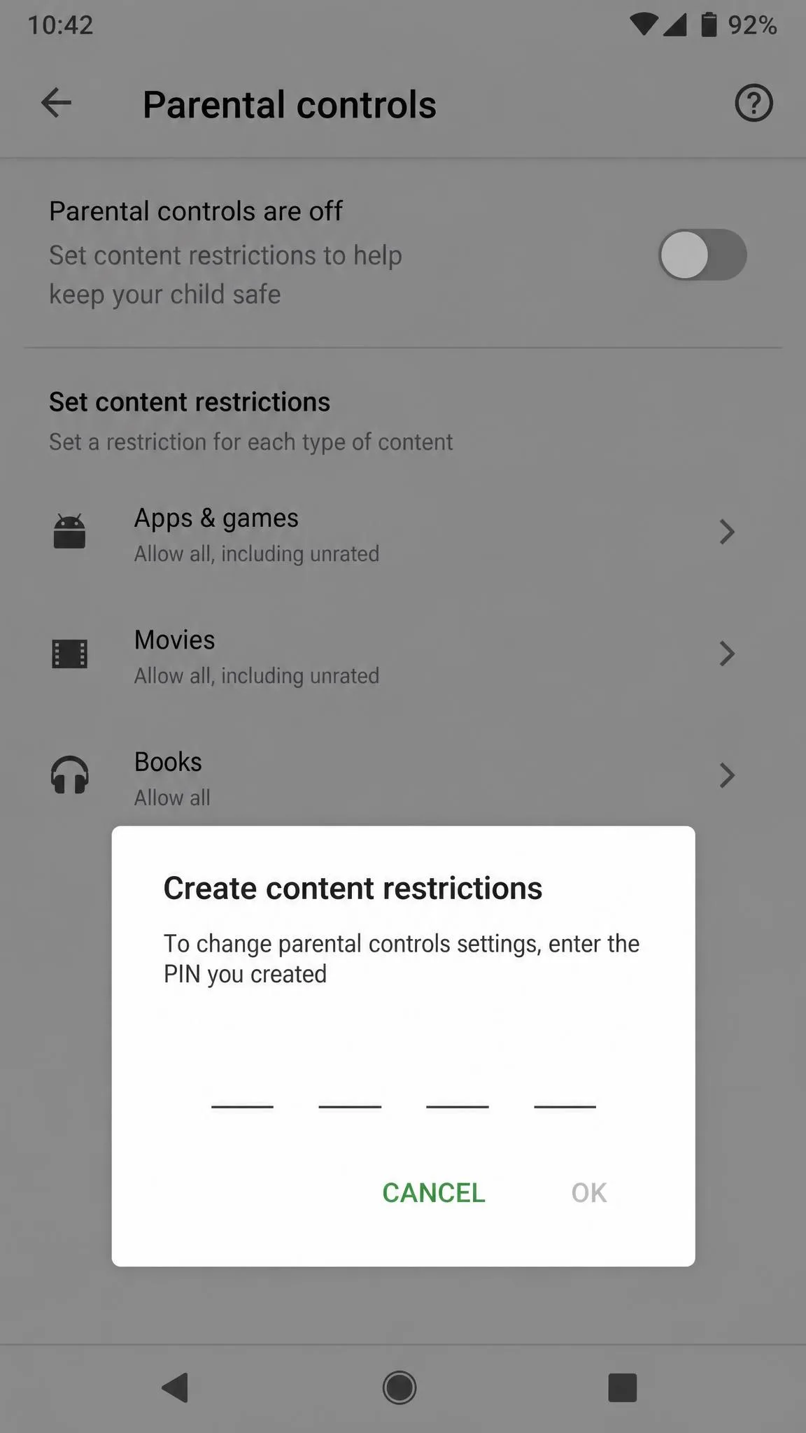 Google Play Store parental controls screen on Android showing the content restriction toggle and the PIN prompt.