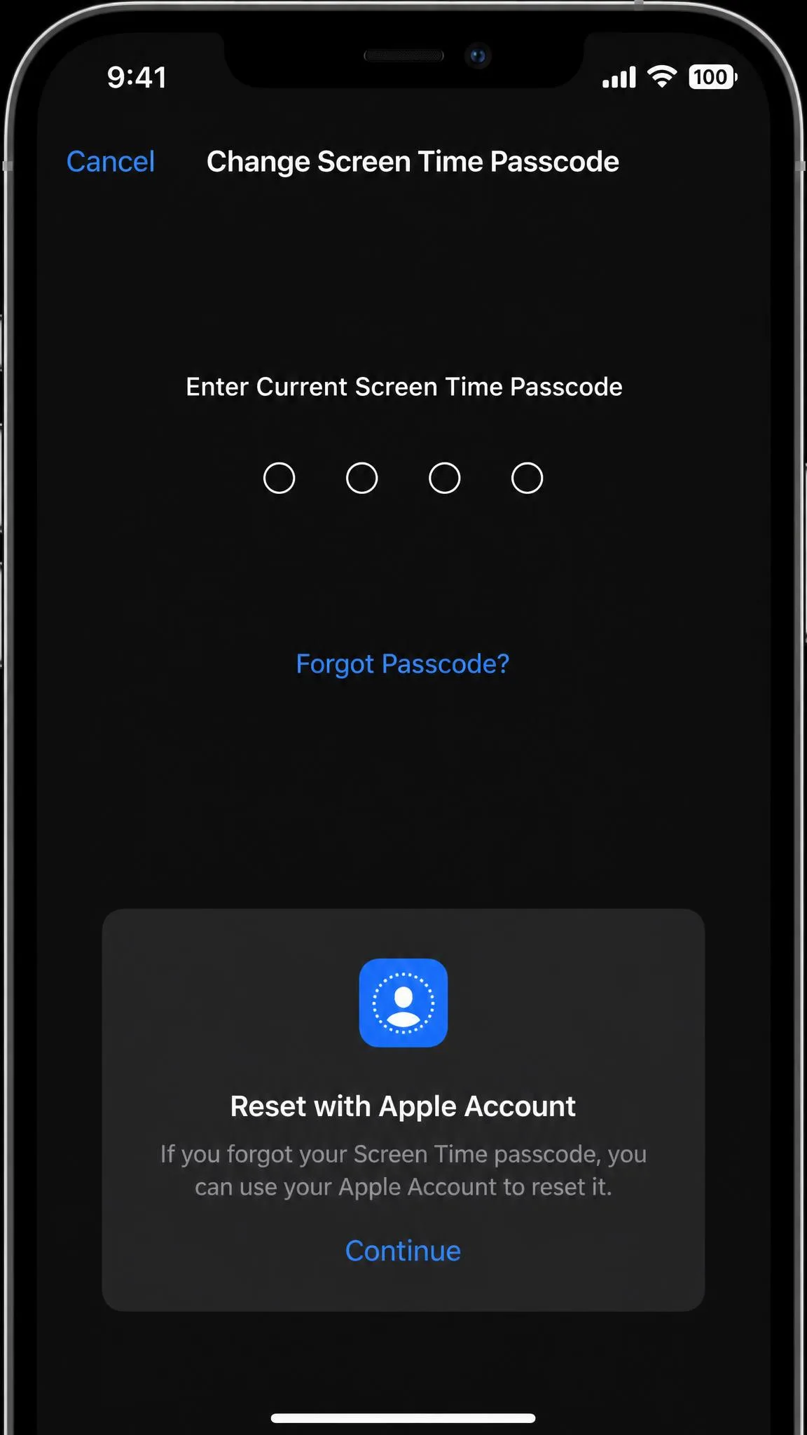 Screen Time Change Screen Time Passcode screen on iPhone showing the Forgot Passcode option and the Apple Account prompt.