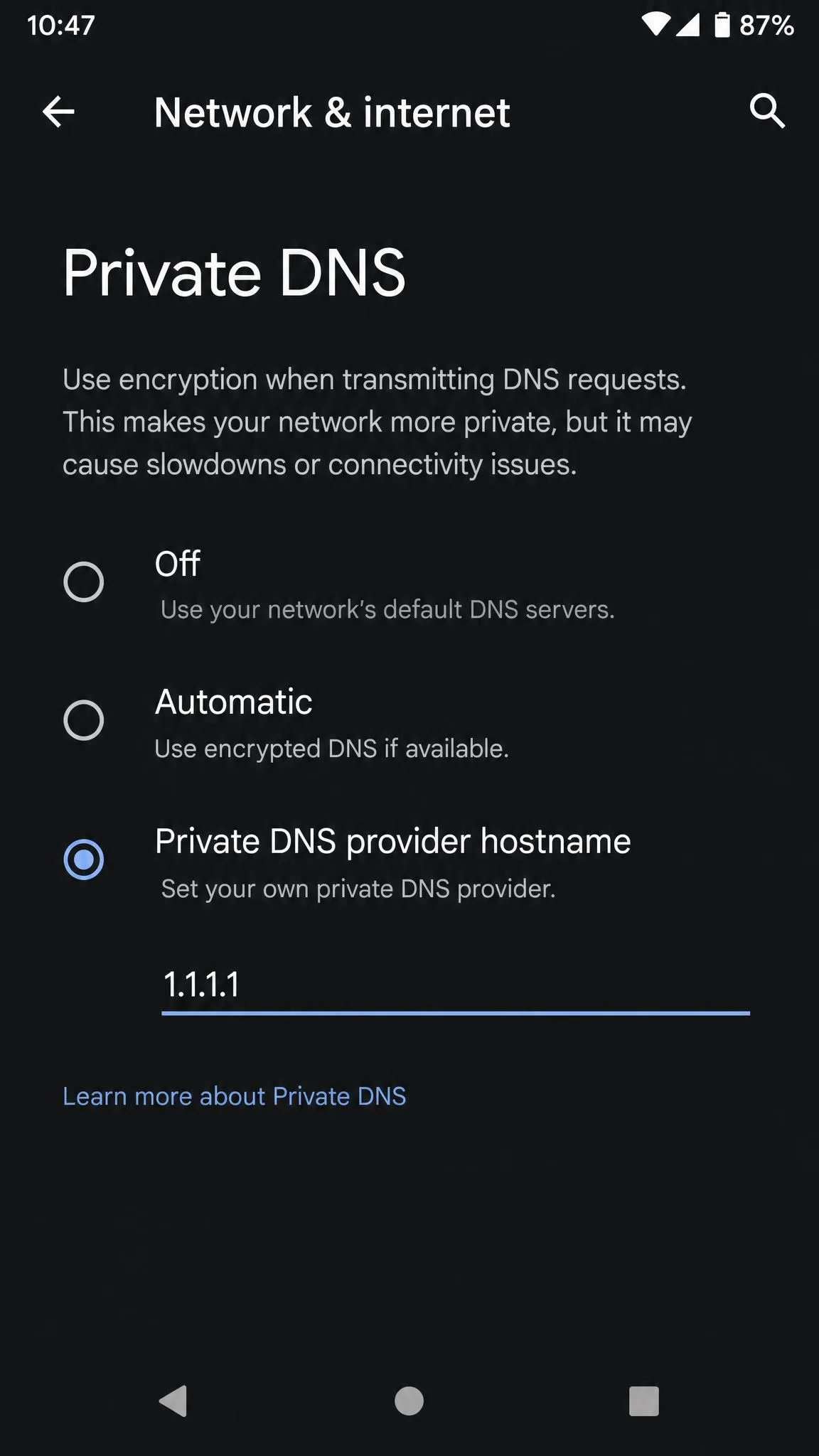 Android network settings screen with the Private DNS option set to the Cloudflare 1.1.1.1 hostname.