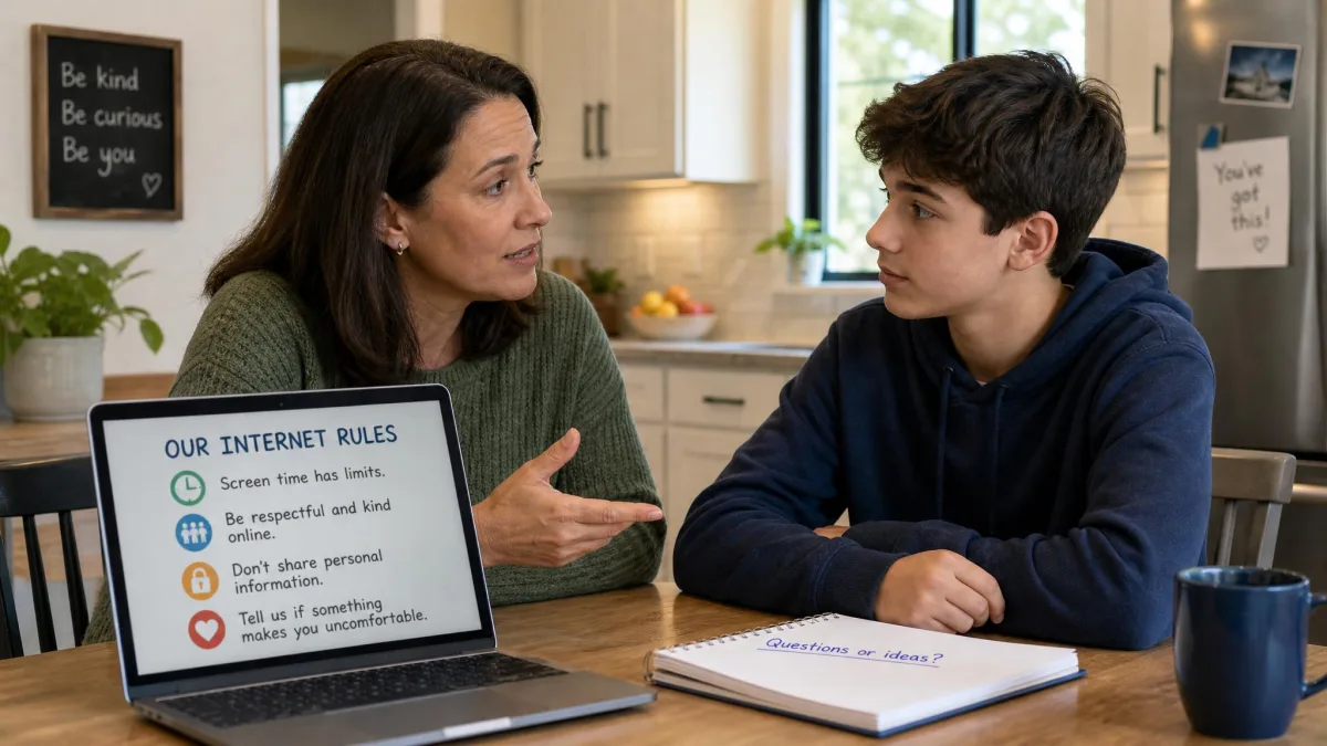 A parent and teenager talking at a kitchen table with a laptop open, illustrating a conversation about internet rules.