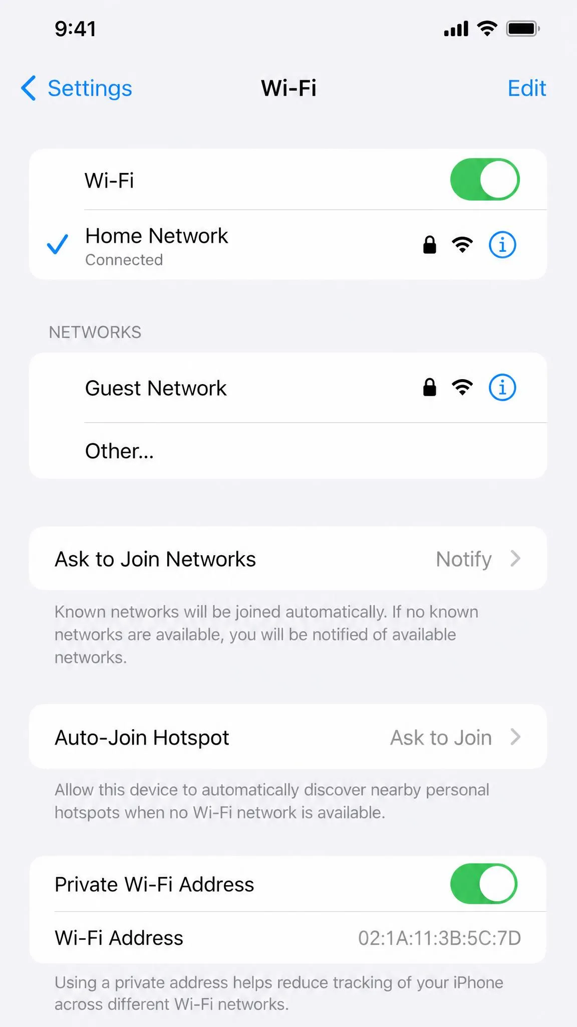 iPhone Wi-Fi settings screen with the Private Wi-Fi Address toggle turned on.