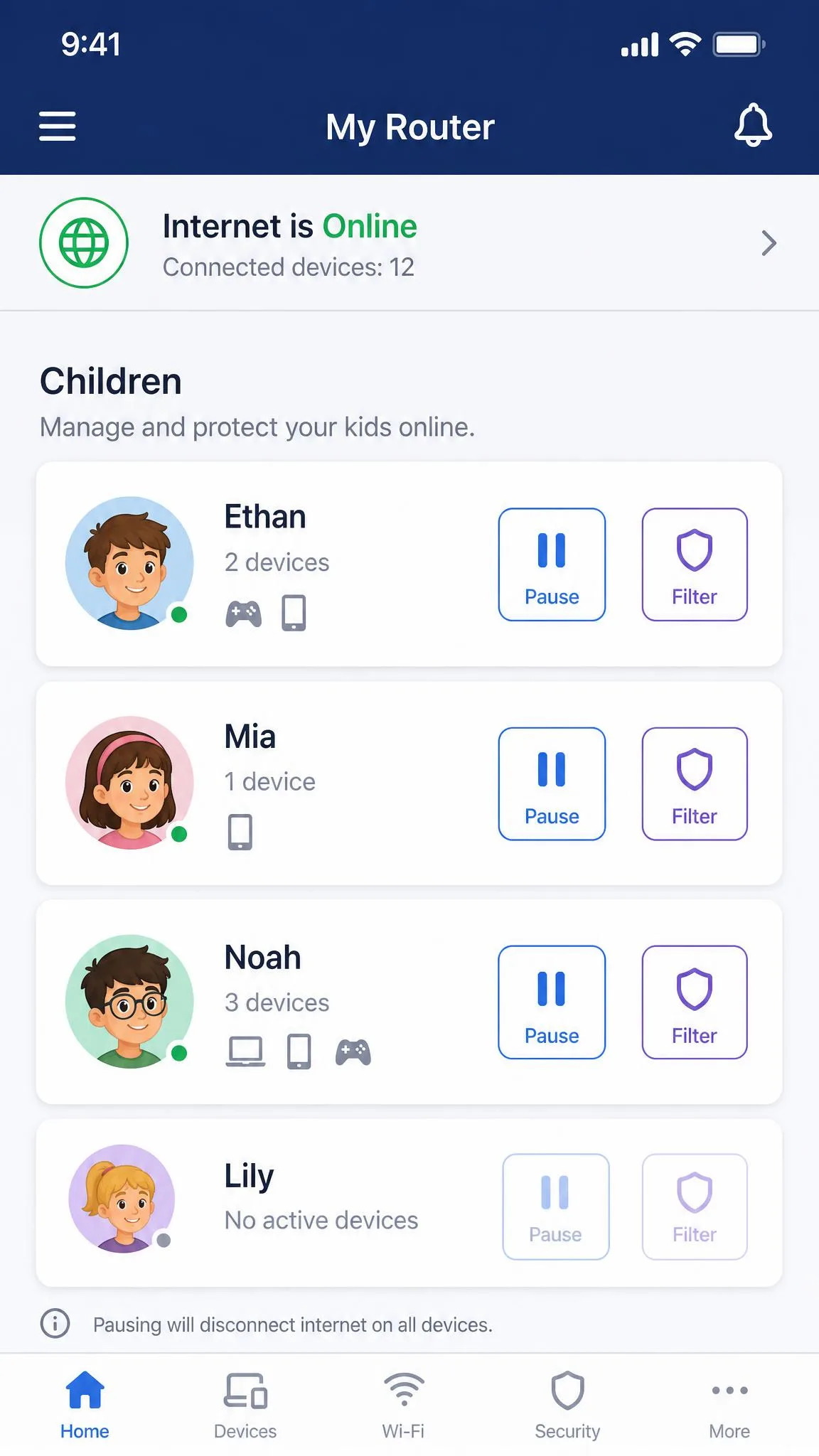 A router app screen listing child devices with pause and filter options for each profile.