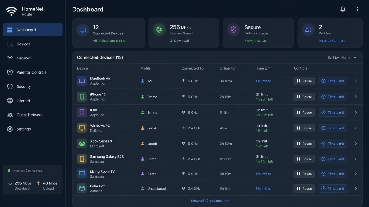A router app dashboard listing every connected device with pause and time-limit controls per device.