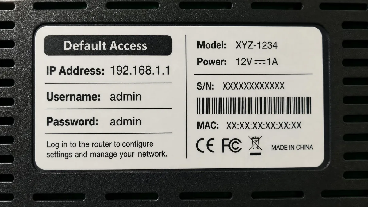 Close-up of the sticker on a home router showing the default IP address and admin login details.