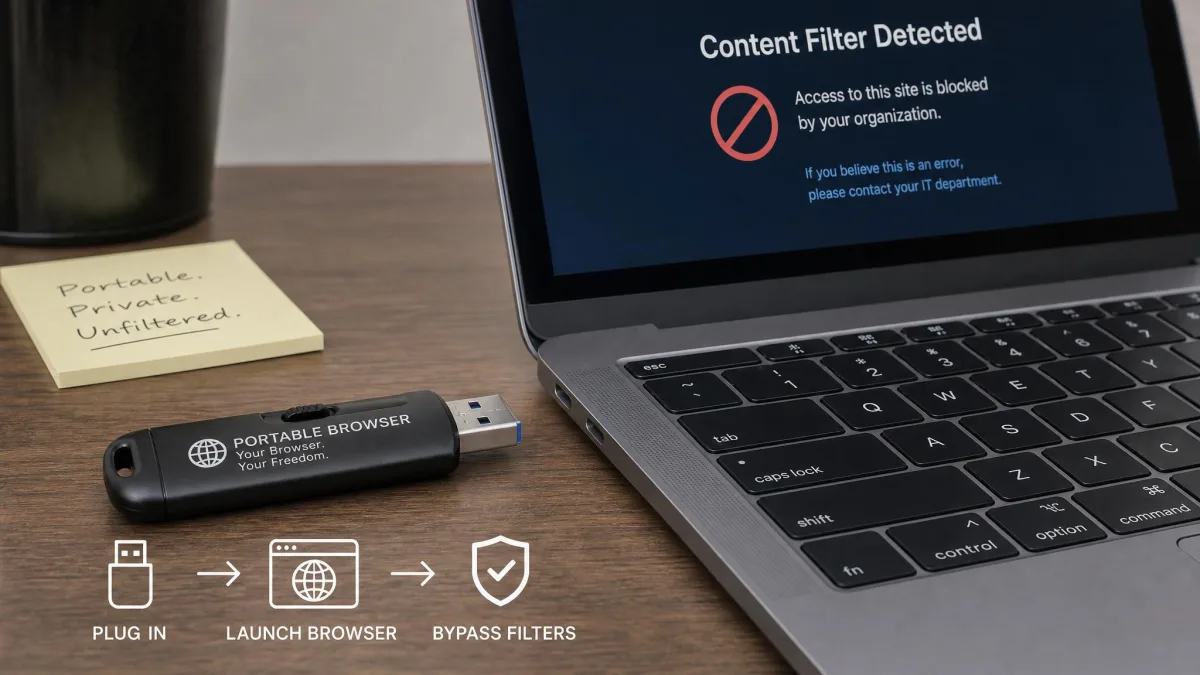 A USB flash drive beside a laptop, illustrating a portable browser workaround for content filters.