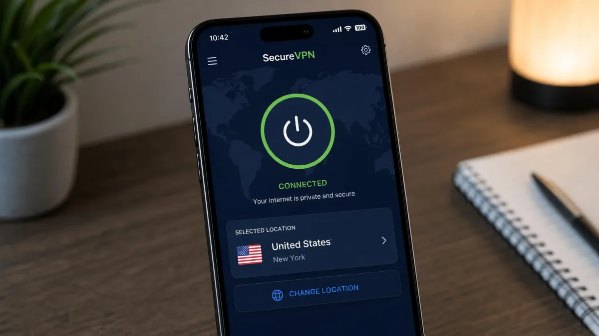 A smartphone with a VPN app showing a connected status and the chosen server location.