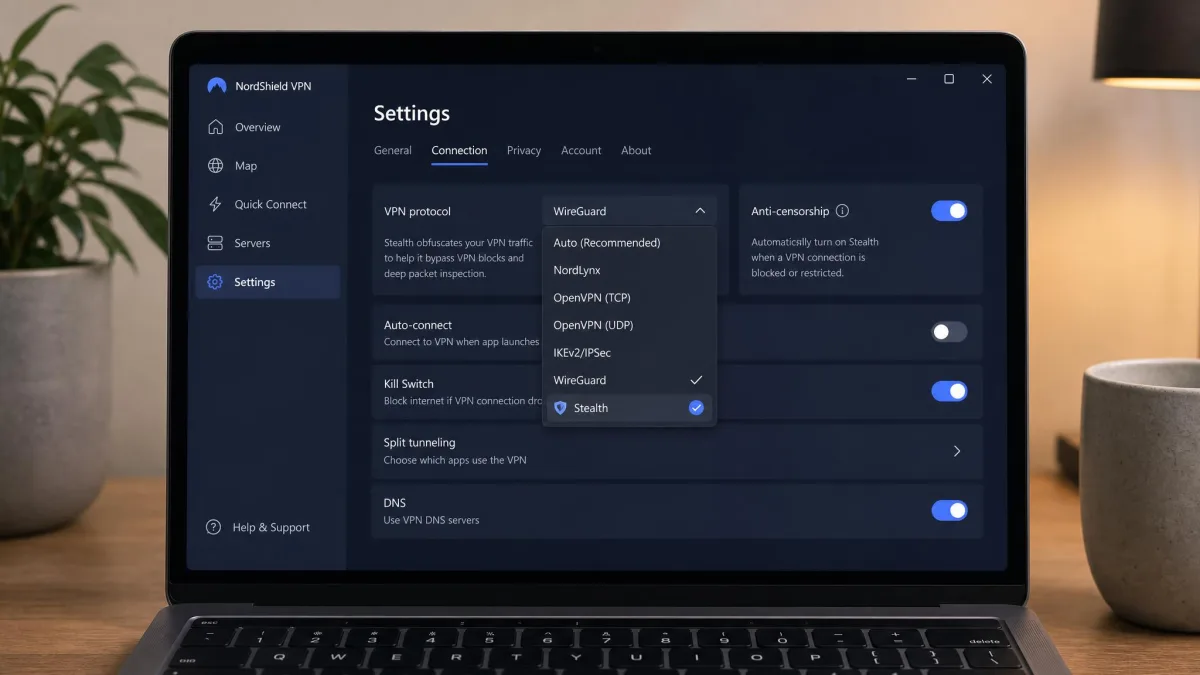 VPN app settings screen on a laptop with the protocol menu open and a Stealth obfuscation option selected, next to a toggle labeled anti-censorship.