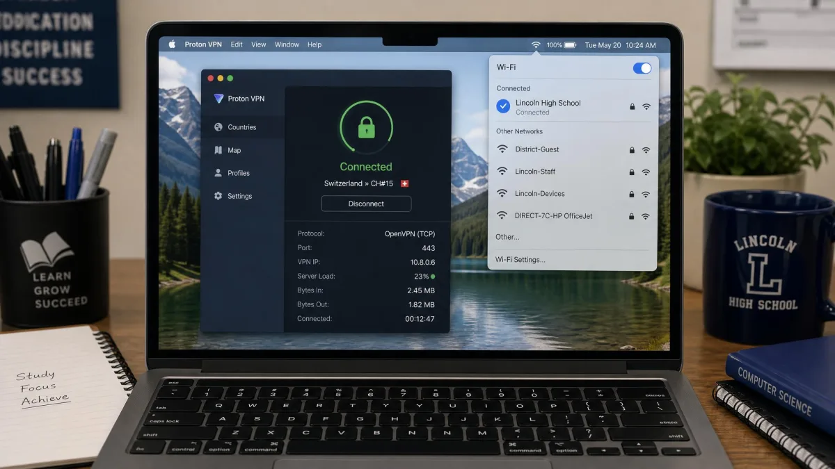 Laptop on a desk showing a VPN app connected over OpenVPN TCP on port 443, with the Wi-Fi menu open listing a school network as the active connection.