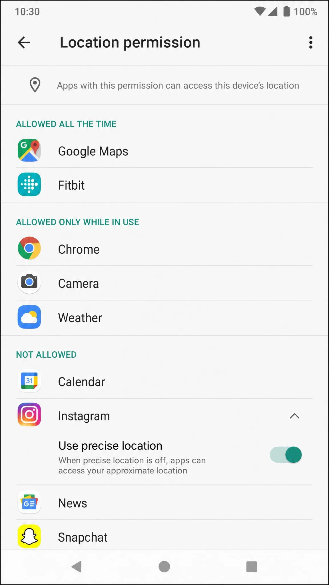 The App location permissions screen on Android, listing apps grouped under Allowed all the time, Allowed only while in use, and Not allowed, with a precise location toggle visible on an open app entry.