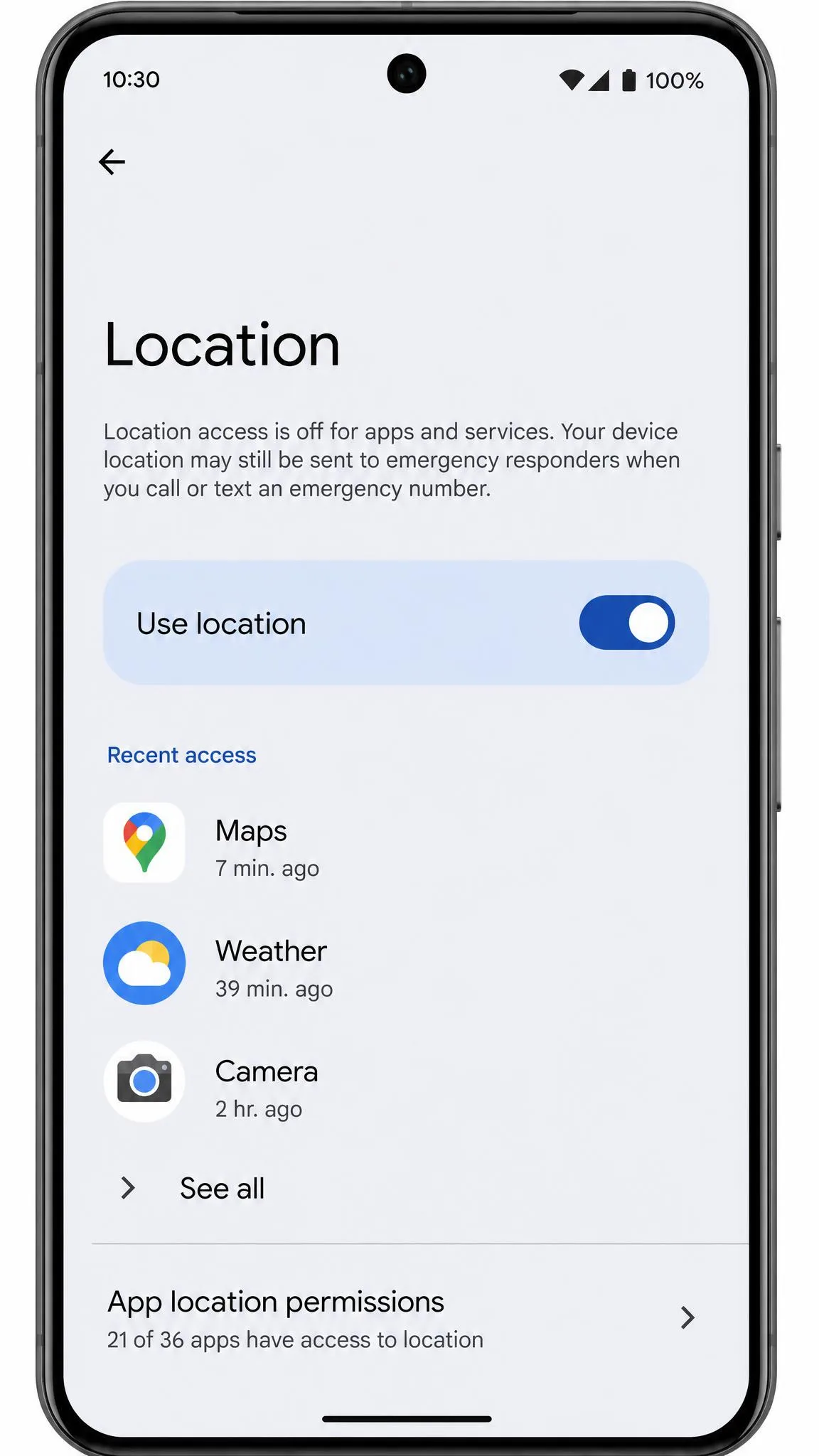 The Android Location settings screen on a Pixel phone, showing the Use location master toggle switched on with the recent access list and App location permissions entry below it.