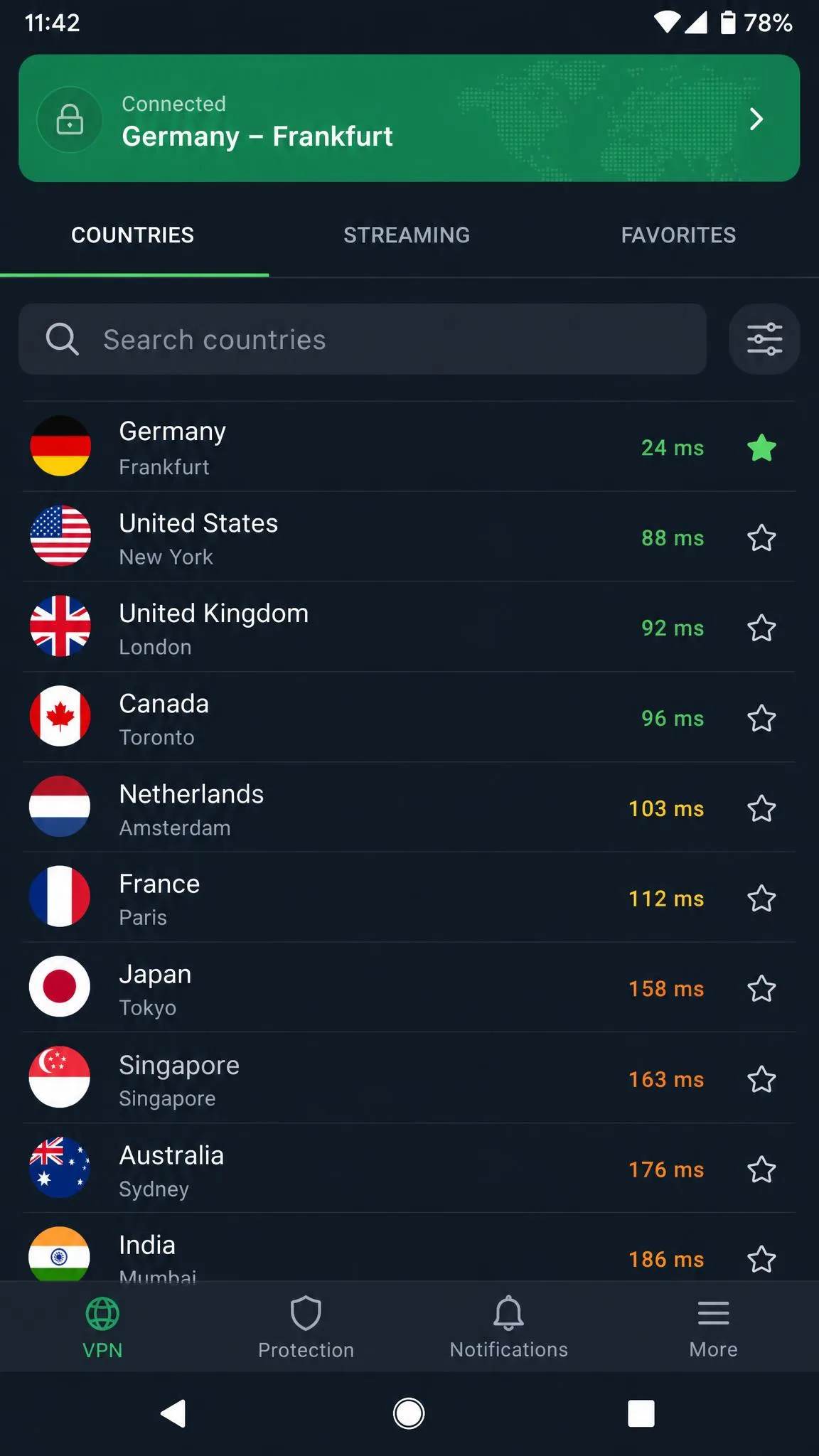 A VPN app on Android with the country server list open, showing several countries with ping times and one server highlighted as connected in the status bar at the top.