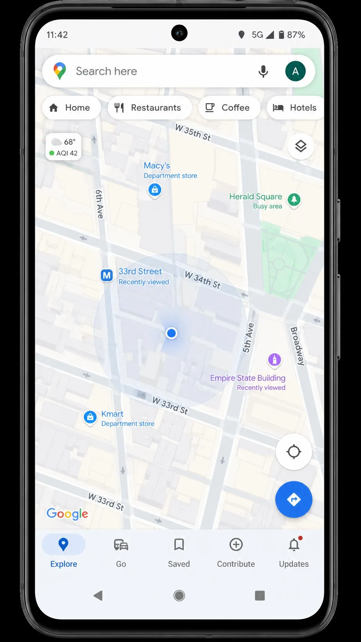 Google Maps on an Android phone showing the blue location dot with a wide pale accuracy circle around it in a dense city block, indicating low confidence in the position.