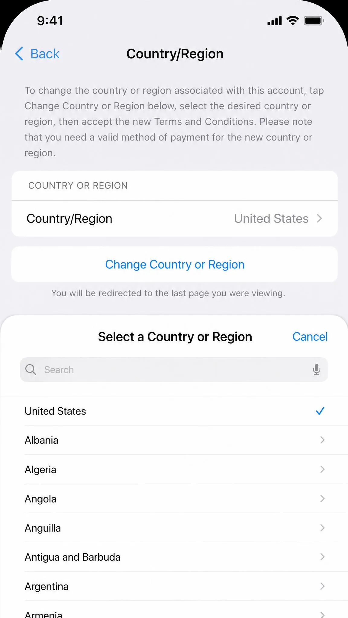 iPhone Media and Purchases account screen with the Country/Region row open and a Change Country or Region button visible above a list of selectable countries.