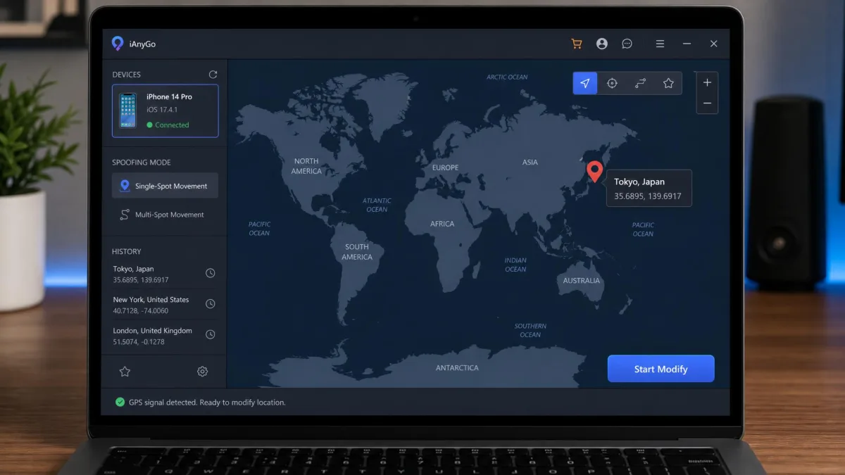 Desktop GPS spoofing application on a laptop showing a world map with a pin dropped on Tokyo, a connected iPhone listed in the sidebar and a Start Modify button in the corner.