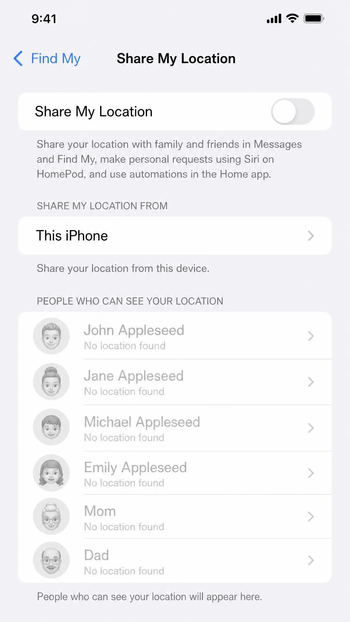 iPhone Find My settings screen showing the Share My Location toggle switched off with a list of contacts greyed out underneath.