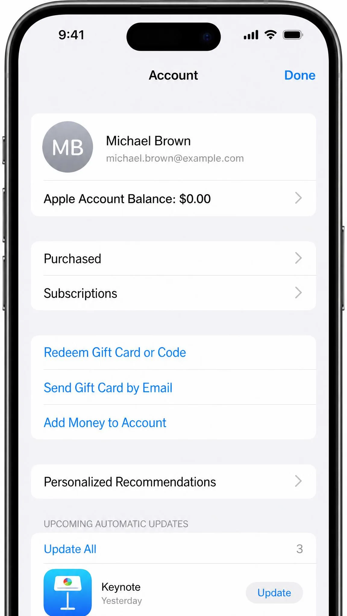 App Store account screen on iPhone showing an Apple Account balance of zero at the top of the page above the Purchased and Subscriptions rows.