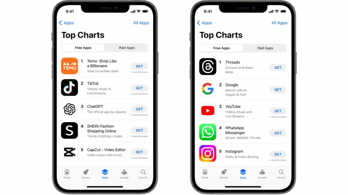 Two iPhone screens side by side showing the same App Store Top Charts list with visibly different app line-ups for two different country storefronts.
